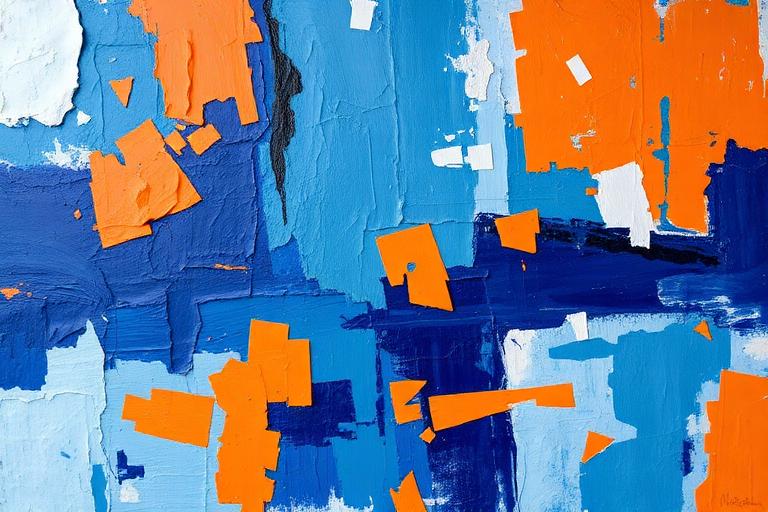 Peinture abstraite expressive aux textures bleues et orange