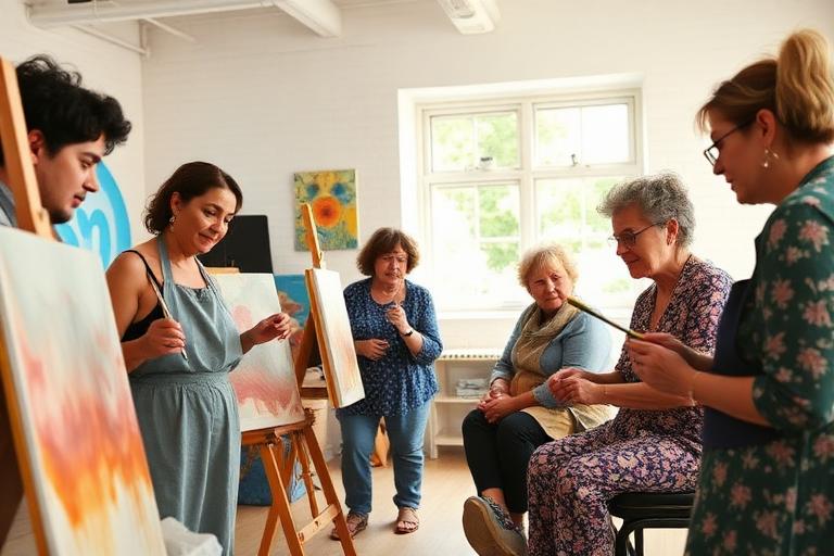 Artistes handicapés peignant ensemble dans un atelier lumineux