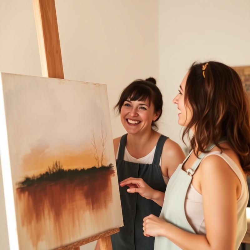 Deux artistes souriantes contemplant une toile achevée ensemble