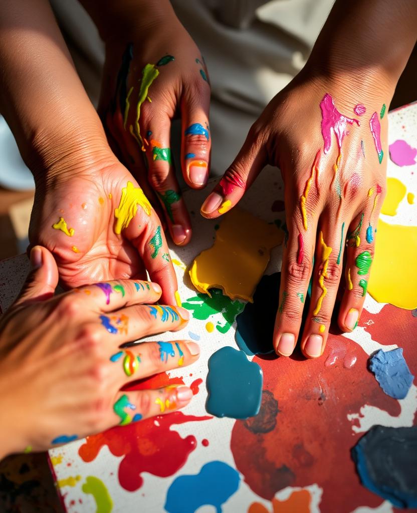 Mains d'artistes couvertes de peinture travaillant ensemble sur une toile