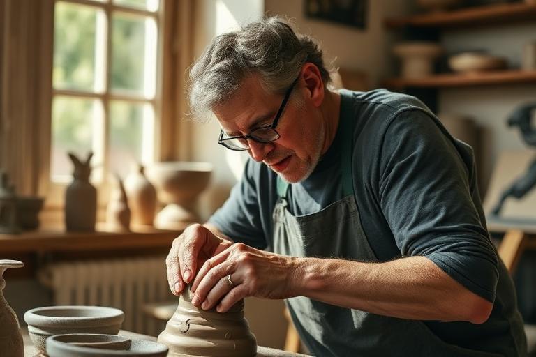 Sculpteur travaillant l'argile dans son atelier baigné de lumière